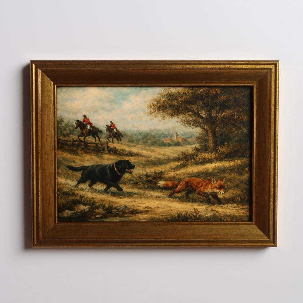 Vintage inspired Hunting Scene Framed Art print in Gold Frame 5x7 black lab